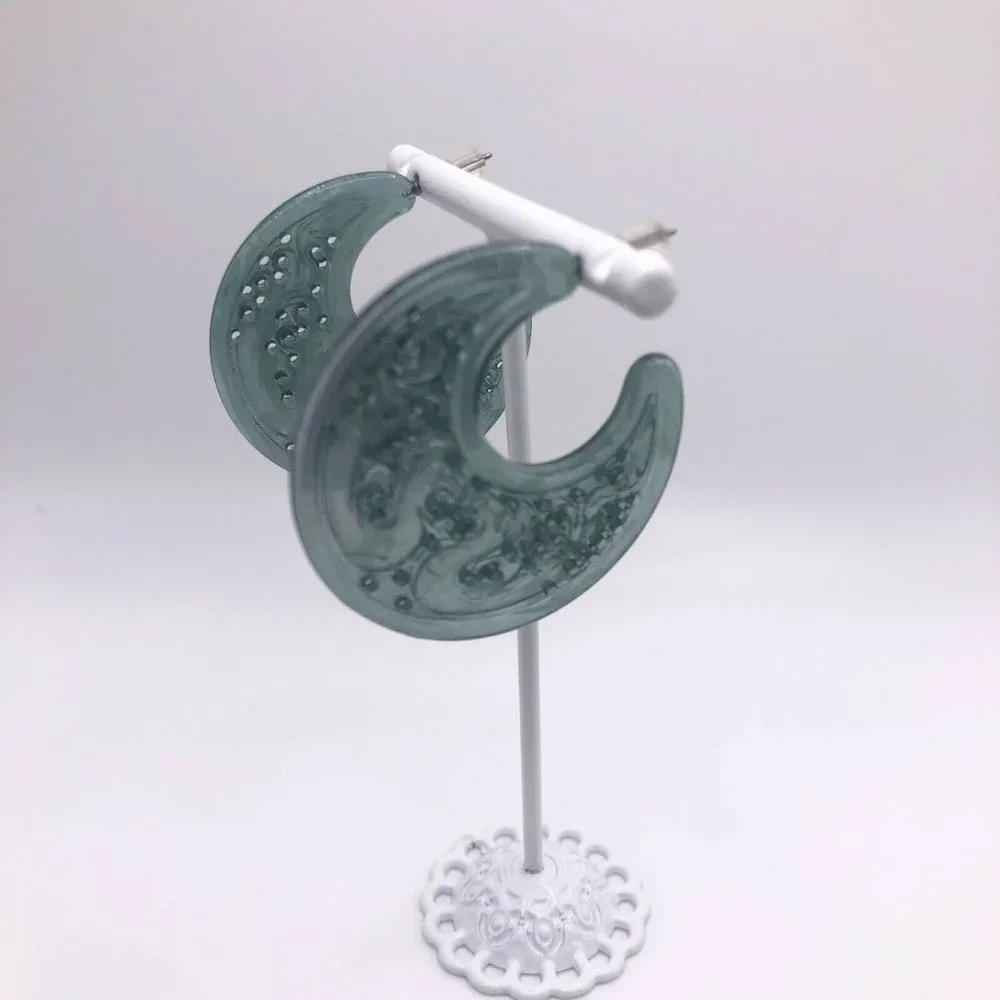 3/$30 Green Opaque Open Ended Wide Hoop Earrings Carved Intricate Design